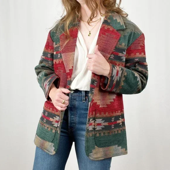 Stunning Vintage Oversized Western Bohemian Blazer Jacket Coat Boho Aztec Tribal - Picture 9 of 9